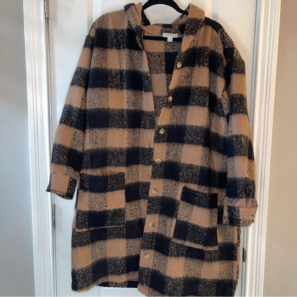 Ultra Flirt plaid shacket, 3x (juniors), brown/black